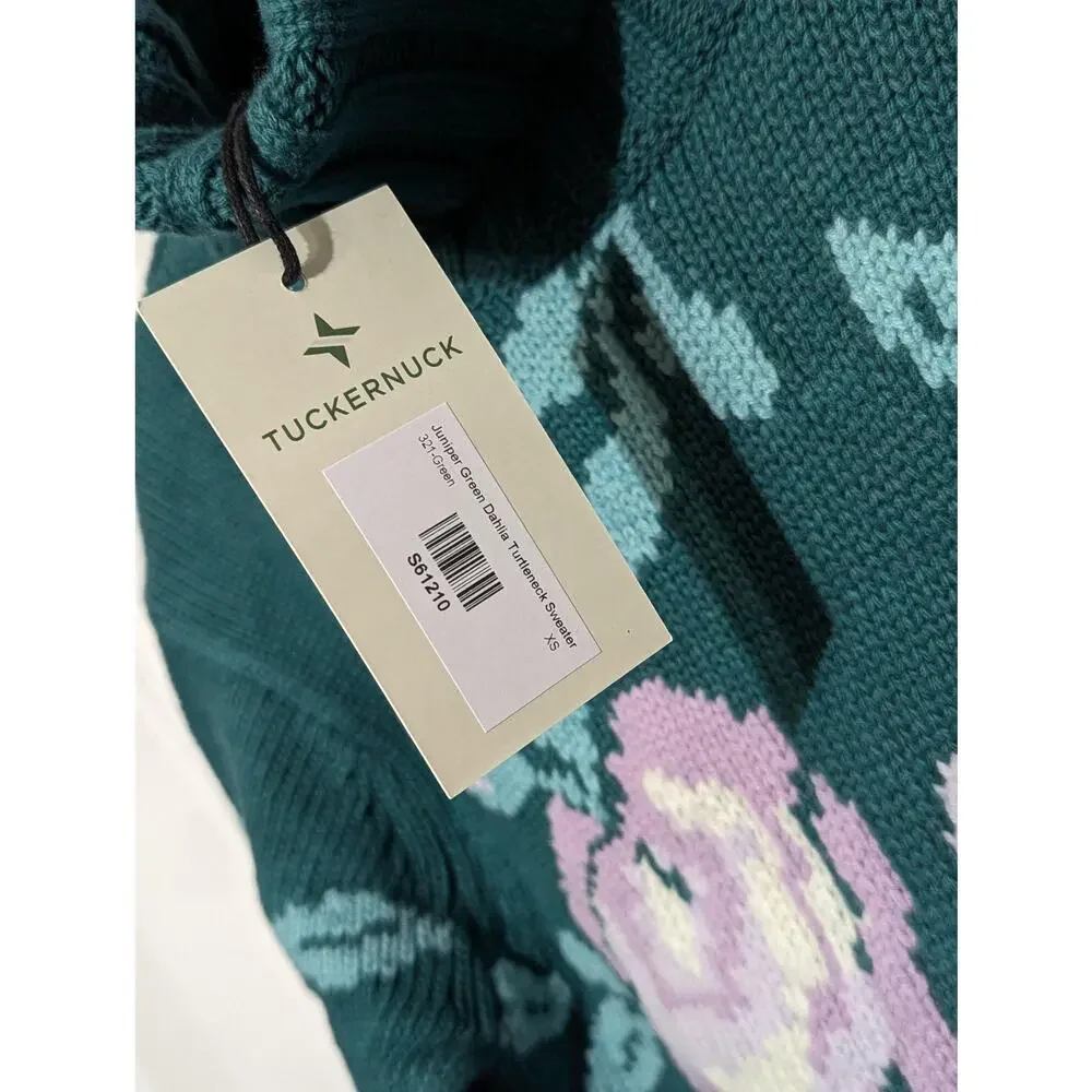 Tuckernuck Juniper Green Dahlia Turtleneck Sweater XS Floral Intarsia Knit NWT